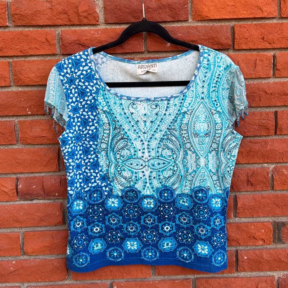 Y2K bohemian beaded allover print tee